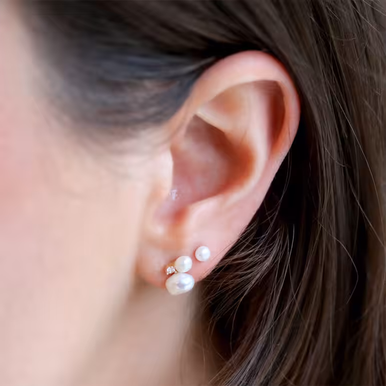 6mm white baroque freshwater pearl 3mm white button freshwater pearl white topaz 9ct yellow gold stud earrings