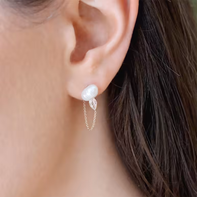 7mm white Keshi freshwater pearl white topaz 9ct yellow gold chain earrings