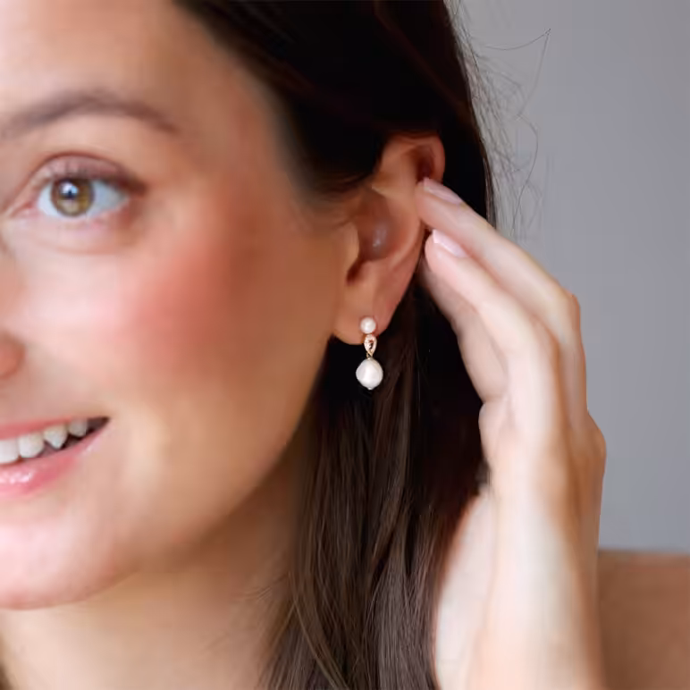 8mm white baroque freshwater pearl 4mm white button freshwater pearl white topaz 9ct yellow gold drop earrings