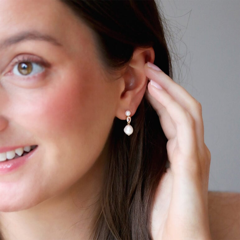 8mm white baroque freshwater pearl 4mm white button freshwater pearl white topaz 9ct yellow gold drop earrings