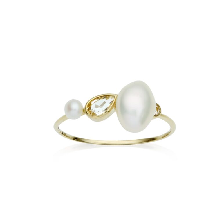 6mm white baroque freshwater pearl 3mm white button freshwater pearl white topaz 9ct yellow gold ring