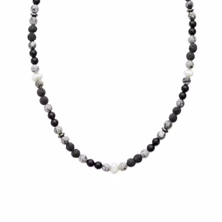 6mm white baroque freshwater pearl lava stone black agate necklace stainless steel clasp
