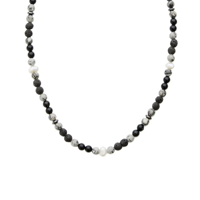 6mm white baroque freshwater pearl lava stone black agate necklace stainless steel clasp