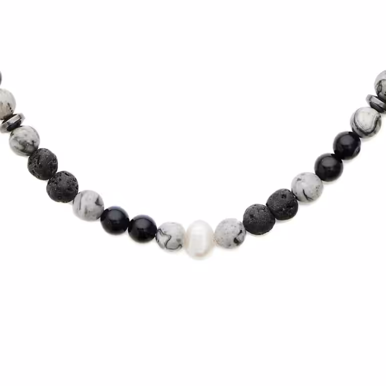6mm white baroque freshwater pearl lava stone black agate necklace stainless steel clasp