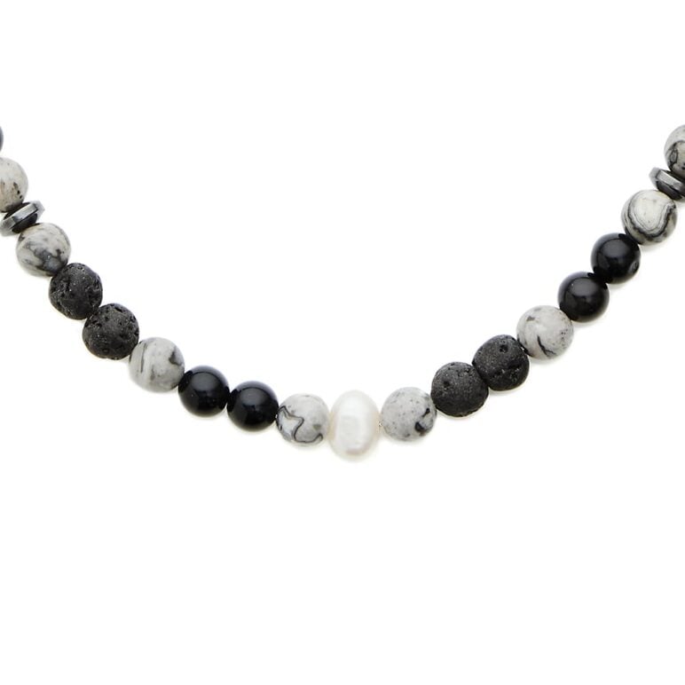 6mm white baroque freshwater pearl lava stone black agate necklace stainless steel clasp