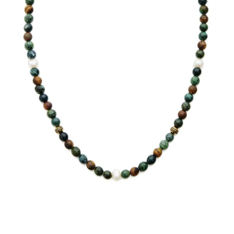 6mm white baroque freshwater pearl shiny moss agate shiny African turquoise matt tiger eye necklace with yellow gold plate stainless steel clasp
