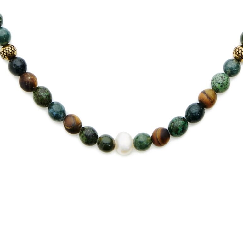 6mm white baroque freshwater pearl shiny moss agate shiny African turquoise matt tiger eye necklace with yellow gold plate stainless steel clasp