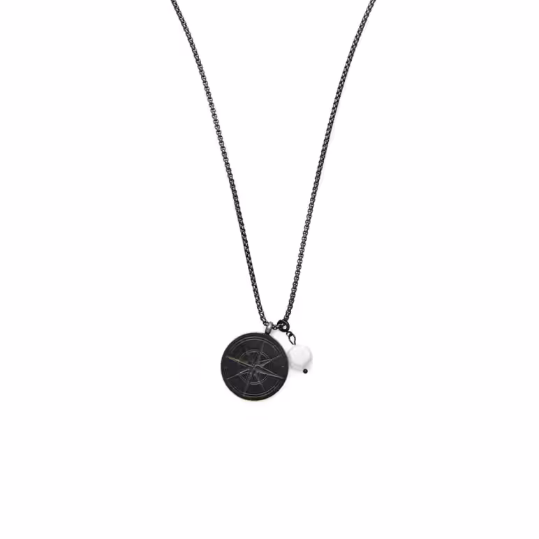 9mm white baroque freshwater pearl compass design black rhodium stainless steel pendant