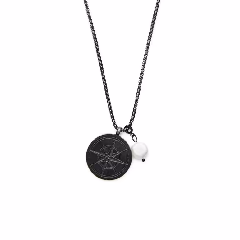 9mm white baroque freshwater pearl compass design black rhodium stainless steel pendant