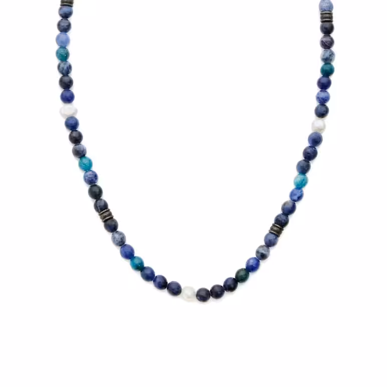 6mm white baroque freshwater pearl sodalite blue apatite necklace with stainless steel clasp