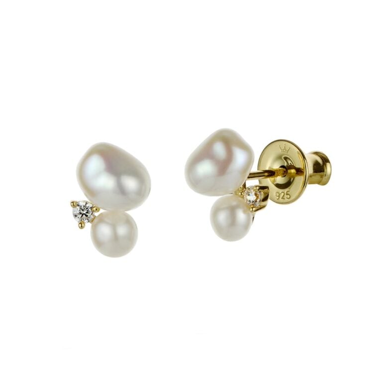 4-5mm Freshwater button and Keshi pearl stud earring set with white topaz on yellow gold-plated Sterling Silver