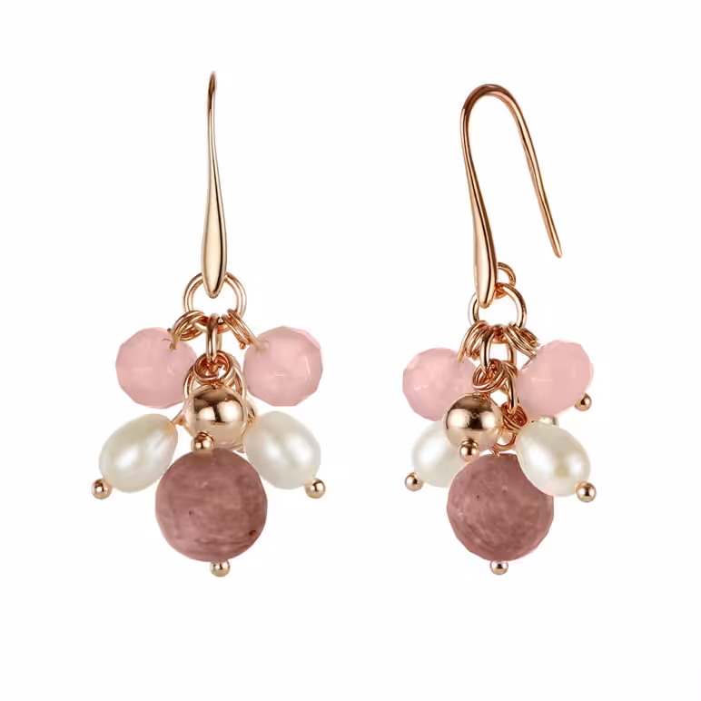 white freshwater pearl rhodonite cluster rose gold drop earrings