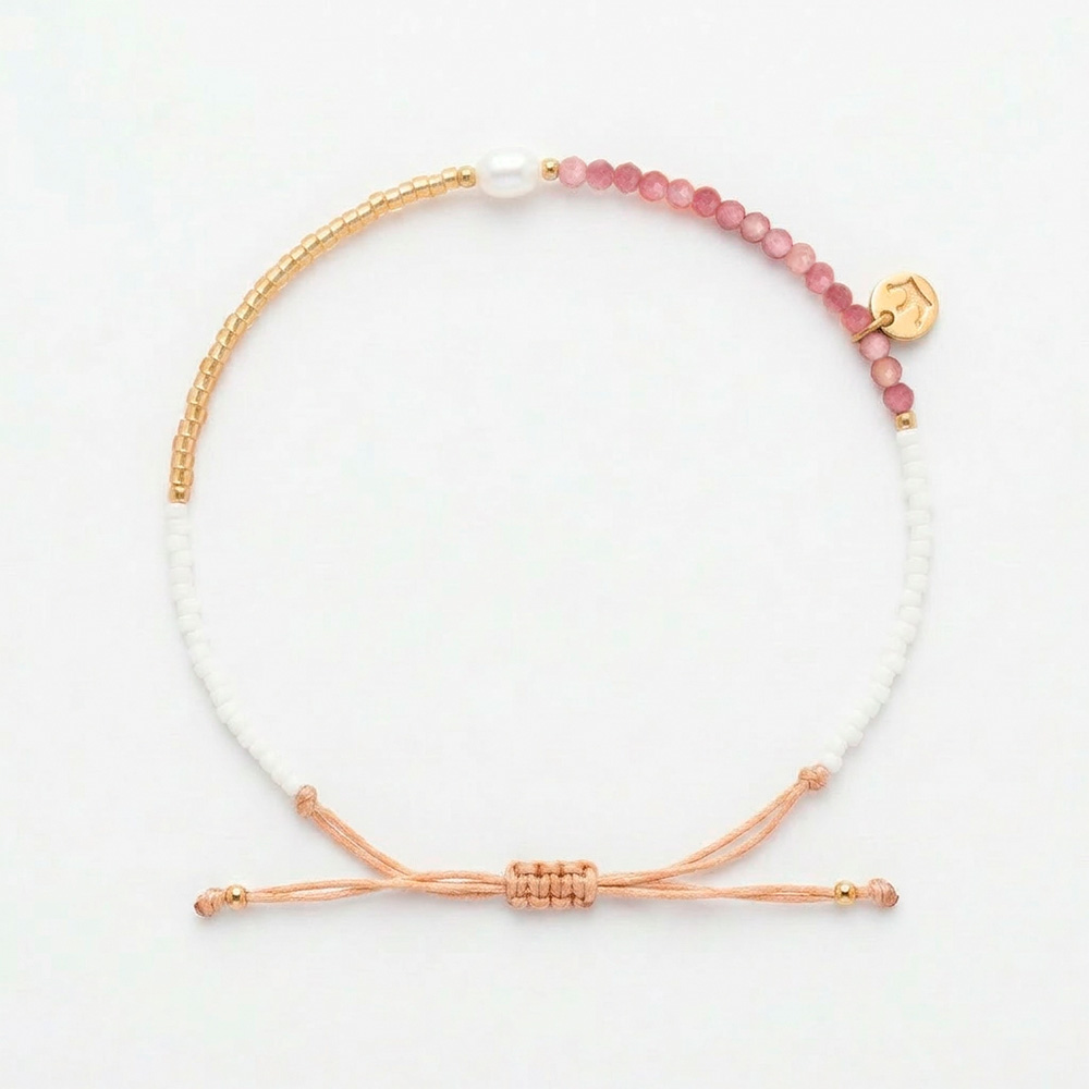 white 4mm oval freshwater pearl Rhodocrosite stone drawstring bracelet with white and yellow gold coloured beads
