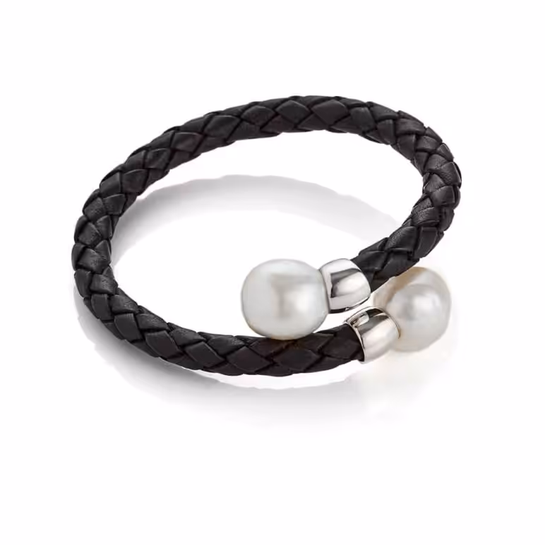 Edison Black Leather Silver Pearl Bracelet