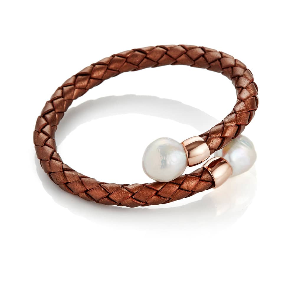 Edison Bronze Leather White Pearl Bracelet