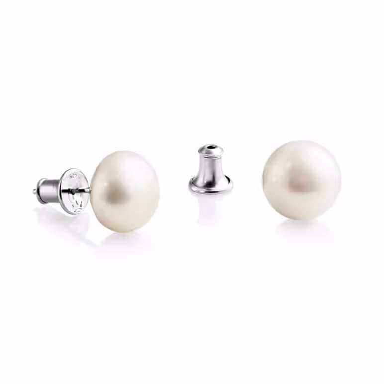 9mm white button freshwater pearl stud earrings sterling silver trumpet backs