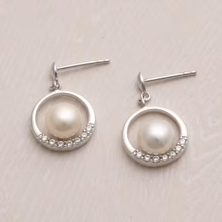 Jersey Pearl White Freshwater Button Pearl Circle Drop Earrings Sterling Silver