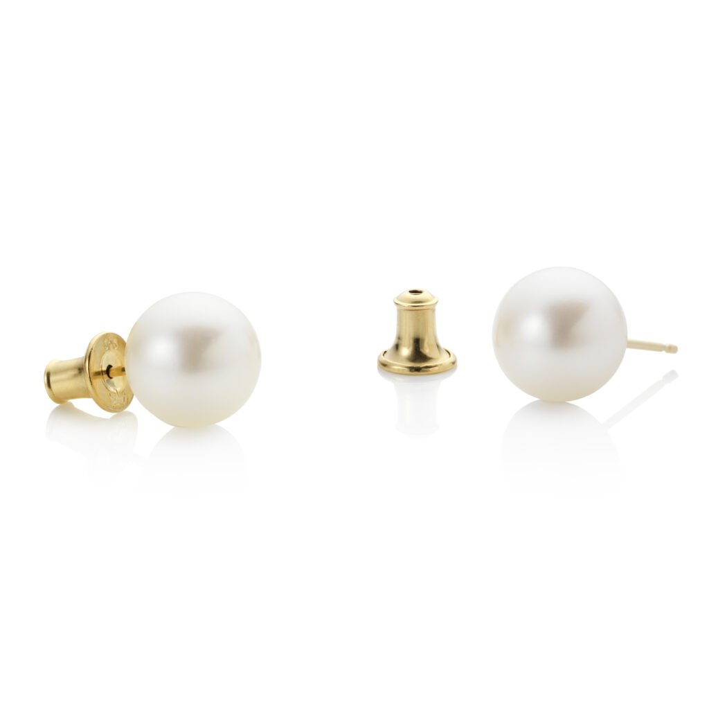 Gold 9mm Crown White Pearl Stud Earrings