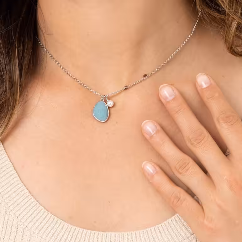 Model Wearing Amazonite and Pearl Silver Pendant
