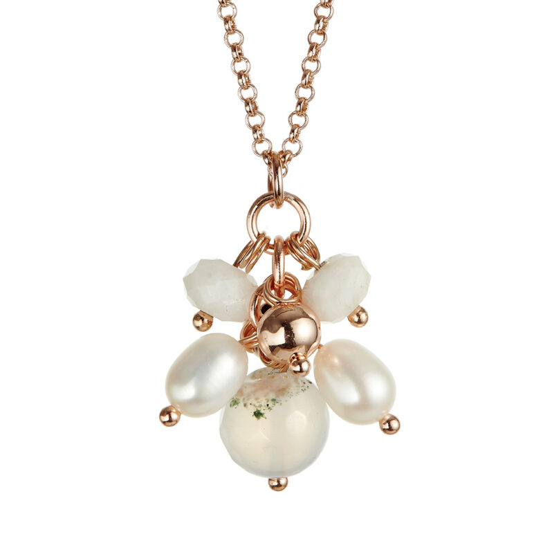 rose gold plated brass cluster of freshwater pearls and montana agate pendant