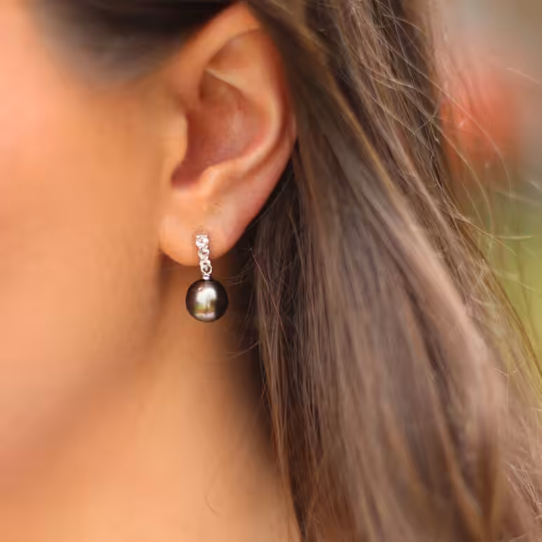Tahitian pearl drop earrings with cubic zirconia