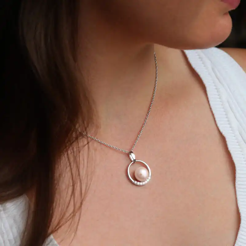 10mm pink button freshwater pearl white topaz circle sterling silver pendant