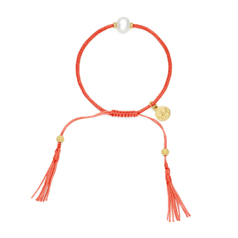 8mm freshwater pearl adjustable tassel bracelet on recycled plastic coloured thread