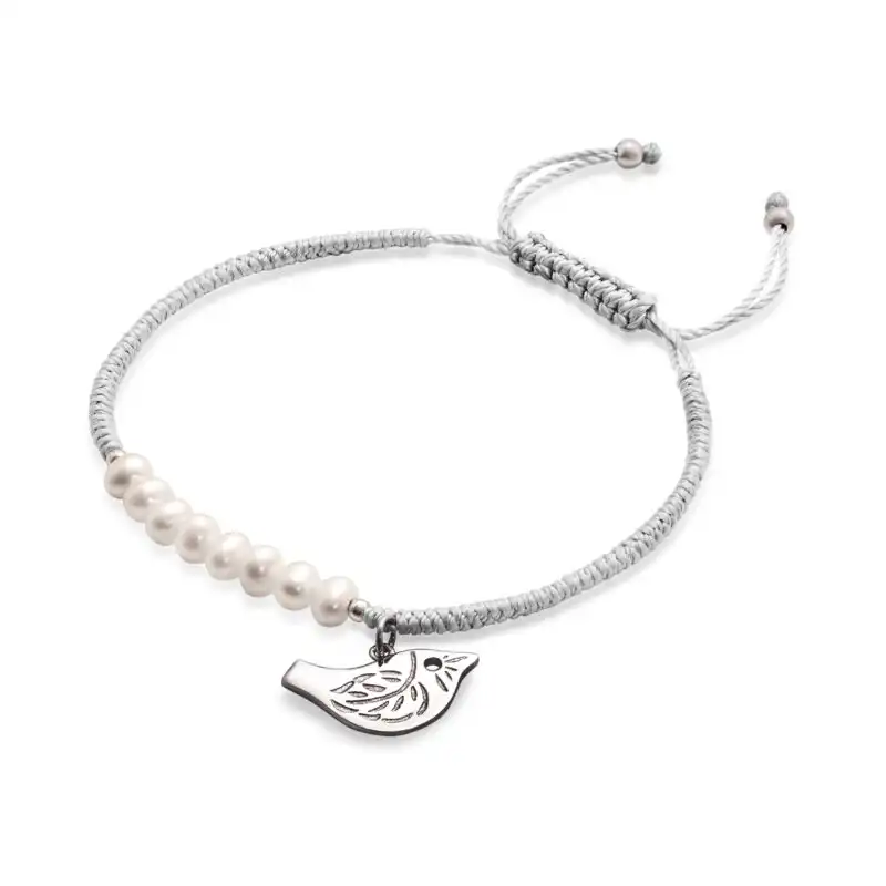 6mm white near round freshwater sterling silver bird grey polyester thread bracelet