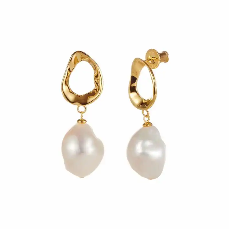 13-15mm white baroque freshwater pearl oval drop earrings