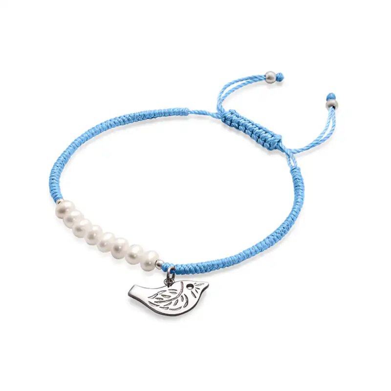 6mm white near round freshwater sterling silver bird light blue polyester thread bracelet