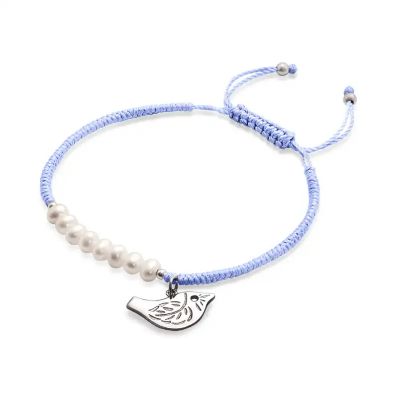 6mm white near round freshwater sterling silver bird light blue polyester thread bracelet
