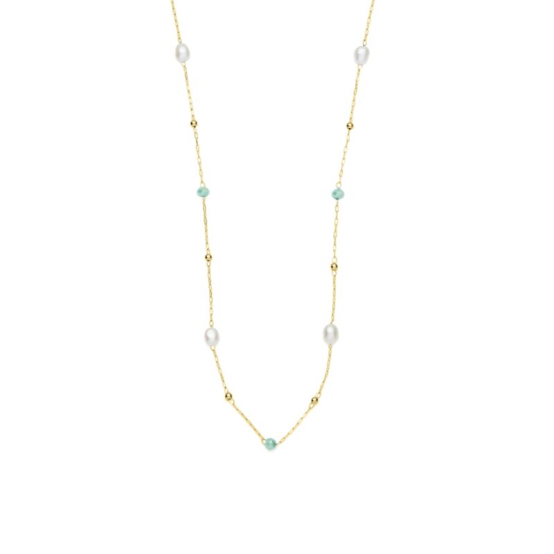 3mm green glass beads and freshwater pearl yellow gold plated stainless steel necklace chain