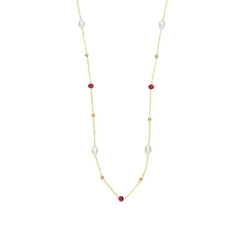 3mm red glass beads and freshwater pearl yellow gold plated stainless steel necklace chain