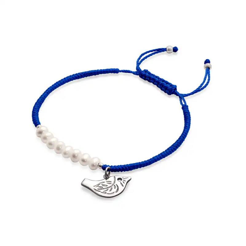 6mm white near round freshwater sterling silver bird cobalt polyester thread bracelet