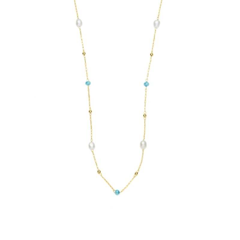 3mm blue glass beads and freshwater pearl yellow gold plated stainless steel necklace chain