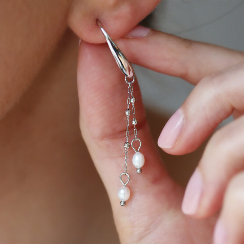 3mm freshwater pearl and stainless steel chain drop hook earrings