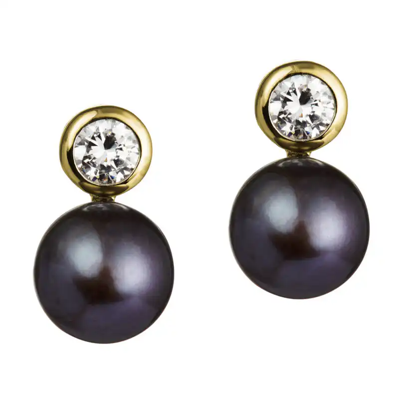 8mm peacock button freshwater pearl white topaz yellow gold stud earrings