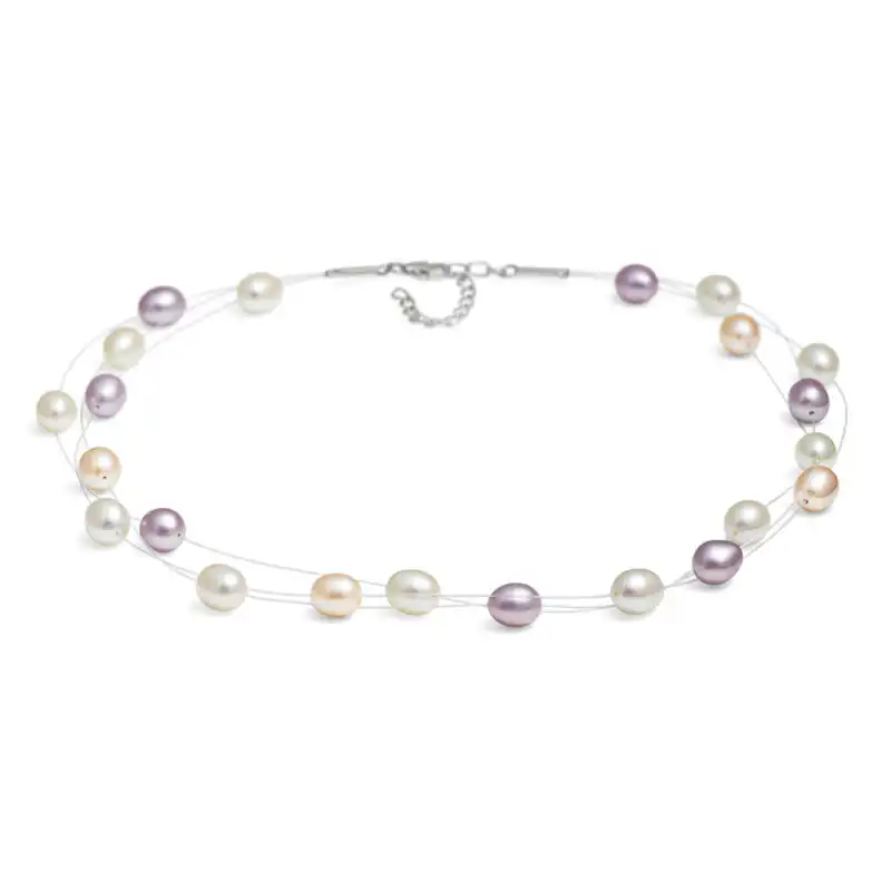 Multi Natural Oval Freshwater Pearl Necklace on triple Row Nylon Thread with Sterling Silver