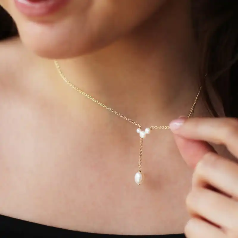 3-7mm Freshwater button and Keshi pearl pendant set on yellow gold-plated Sterling Silver chain