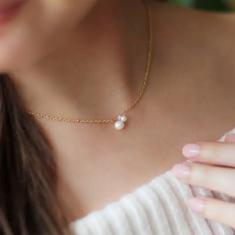 4mm and 6mm Freshwater button and Keshi pearl necklace set with white topaz on yellow gold-plated Sterling Silver chain