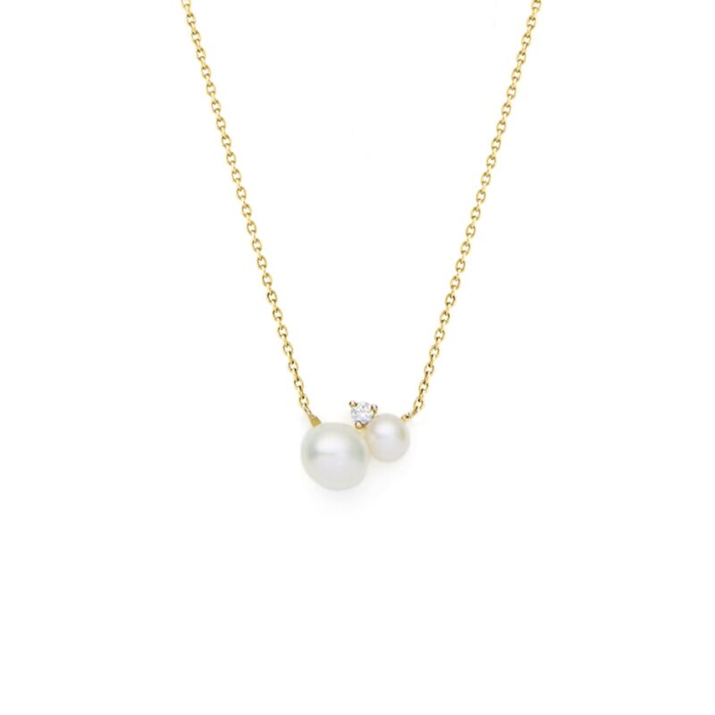 4mm and 6mm Freshwater button and Keshi pearl necklace set with white topaz on yellow gold-plated Sterling Silver chain