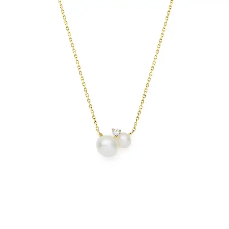 4mm and 6mm Freshwater button and Keshi pearl necklace set with white topaz on yellow gold-plated Sterling Silver chain