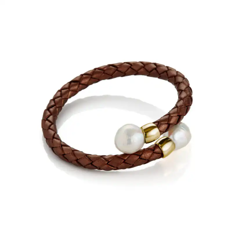 13mm white Edison pearl bronze leather yellow gold torque bracelet