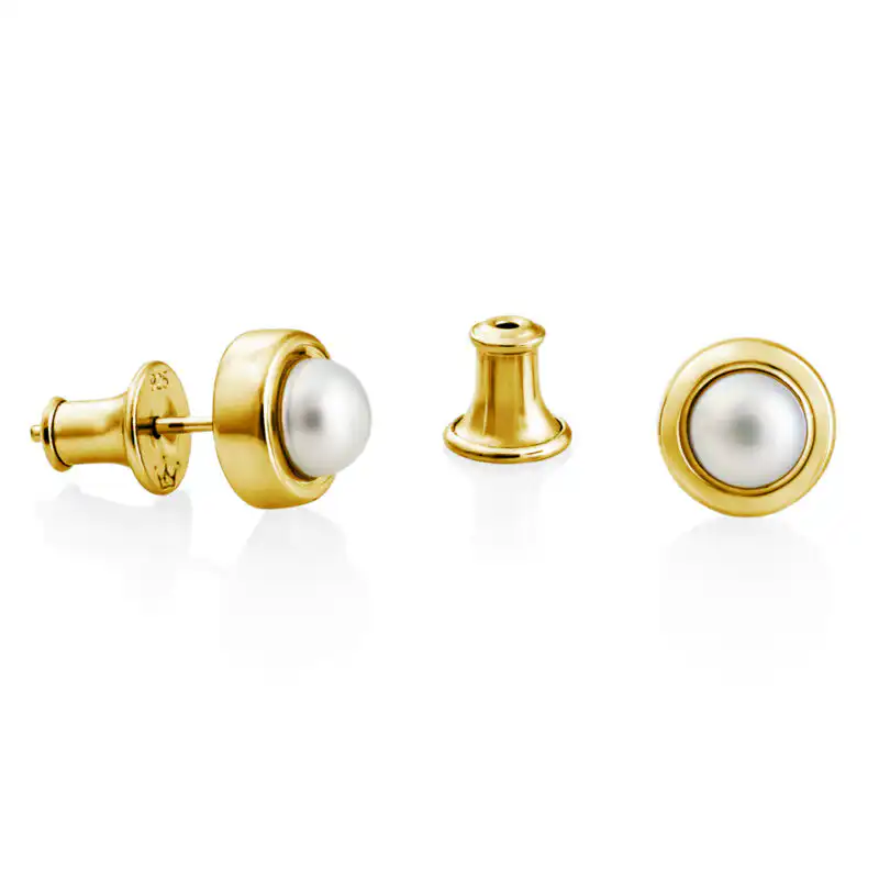 5mm white button freshwater pearl yellow gold stud earrings