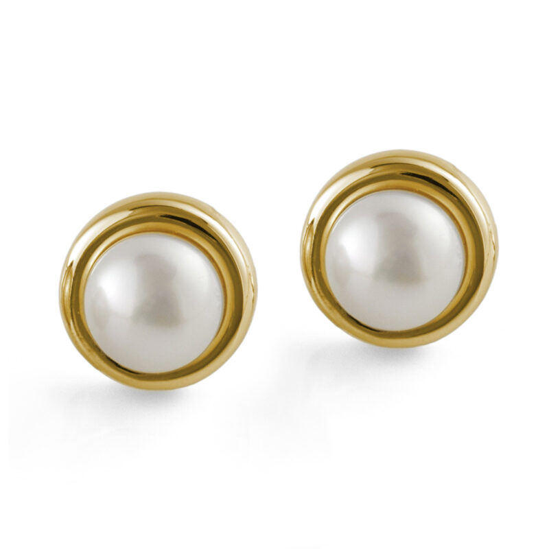 9mm white button freshwater pearl yellow gold stud earrings