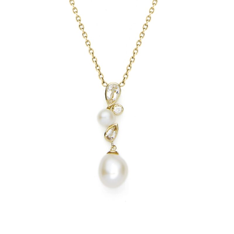 7mm white oval freshwater pearl 4mm white button freshwater pearl white topaz 9ct yellow gold pendant