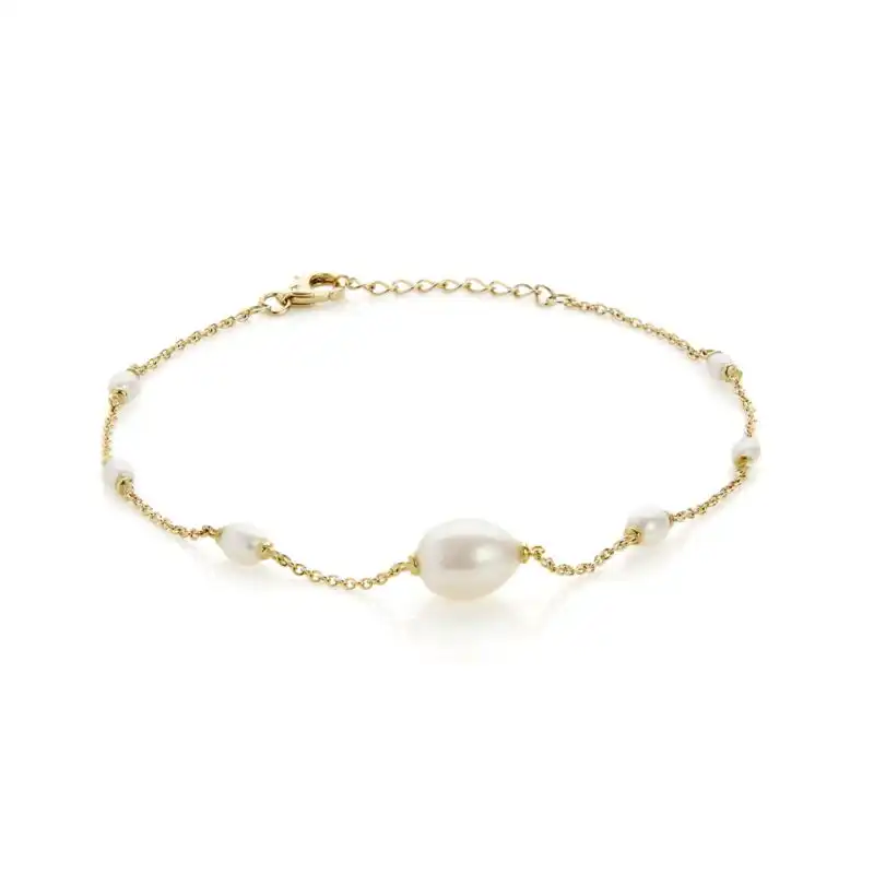 7mm white oval freshwater pearl 3mm white oval freshwater pearl 9ct yellow gold chain bracelet