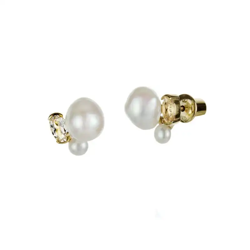 6mm white baroque freshwater pearl 3mm white button freshwater pearl white topaz 9ct yellow gold stud earrings