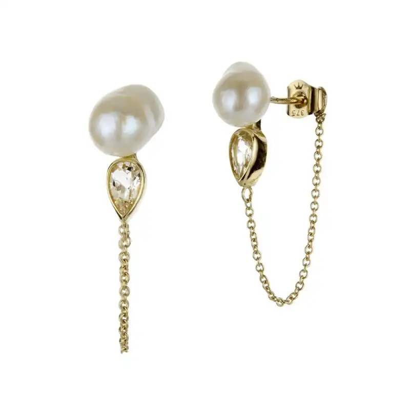 7mm white Keshi freshwater pearl white topaz 9ct yellow gold chain earrings