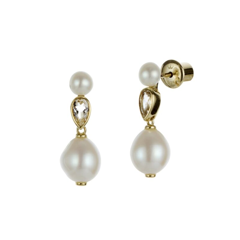 8mm white baroque freshwater pearl 4mm white button freshwater pearl white topaz 9ct yellow gold drop earrings